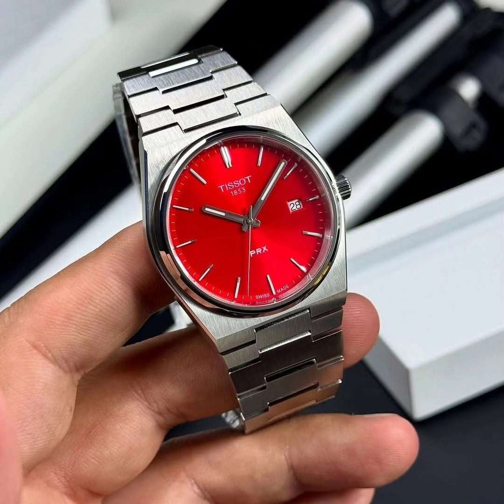 Tissot PRX Quartz Red Dial Silver Steel Strap Watch for Men - T137.410.11.421.00