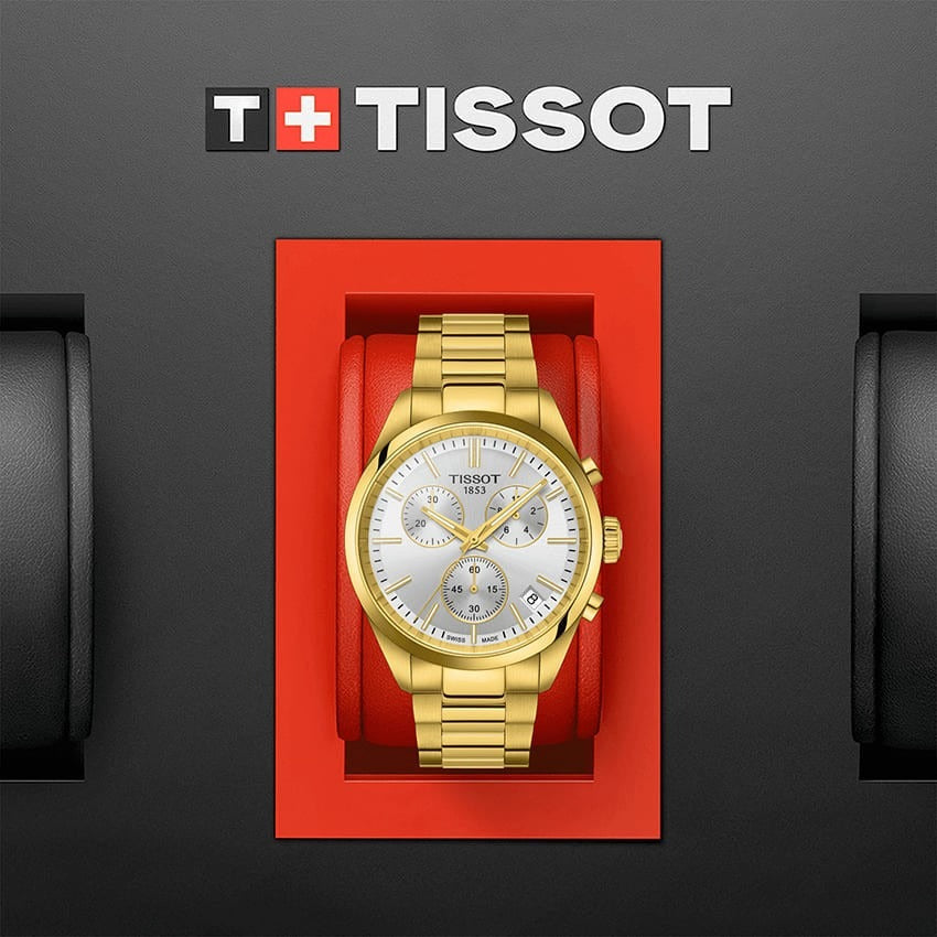 Tissot PR 100 Chronograph White Dial Gold Steel Strap Watch for Men - T150.417.33.031.00
