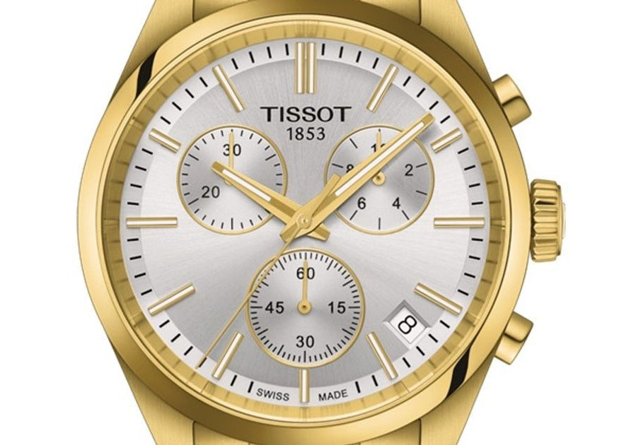 Tissot PR 100 Chronograph White Dial Gold Steel Strap Watch for Men - T150.417.33.031.00