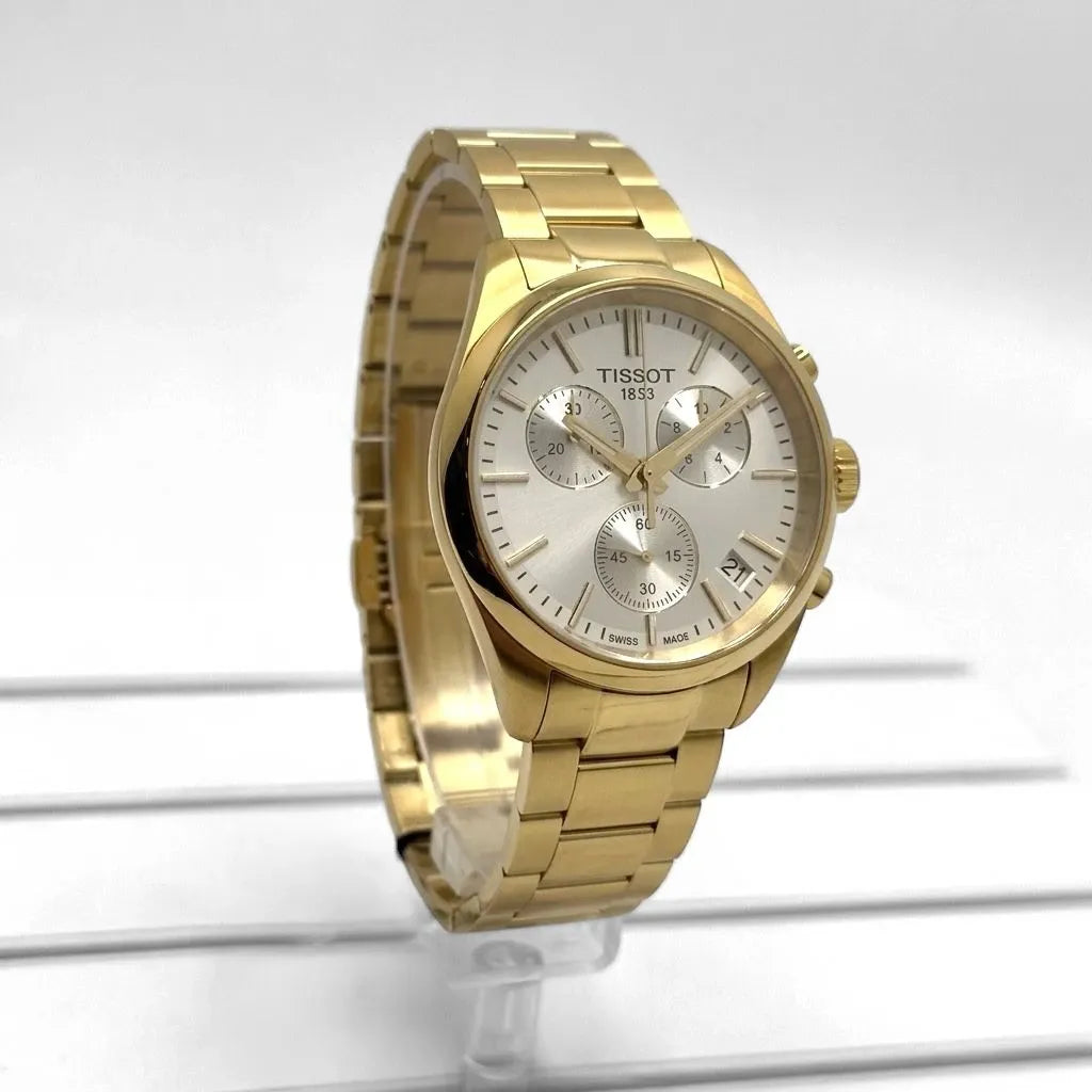 Tissot PR 100 Chronograph White Dial Gold Steel Strap Watch for Men - T150.417.33.031.00