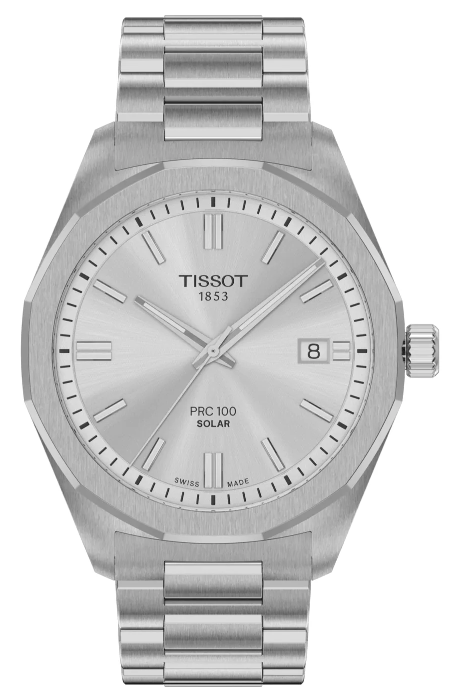 Tissot PRC 100 Solar Quartz Silver Dial Silver Steel Strap Watch for Men - T151.422.11.031.00