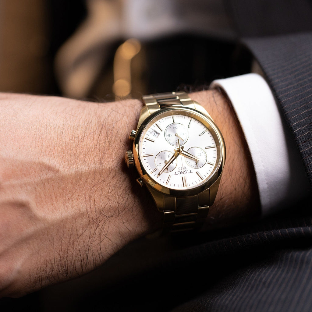 Tissot PR 100 Chronograph White Dial Gold Steel Strap Watch for Men - T150.417.33.031.00