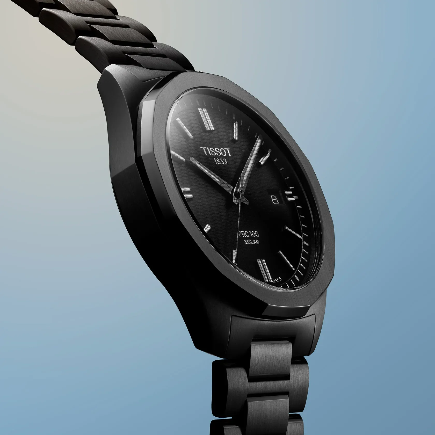 Tissot PRC 100 Solar Quartz Black Dial Black Steel Strap Watch for Men - T151.422.33.051.00
