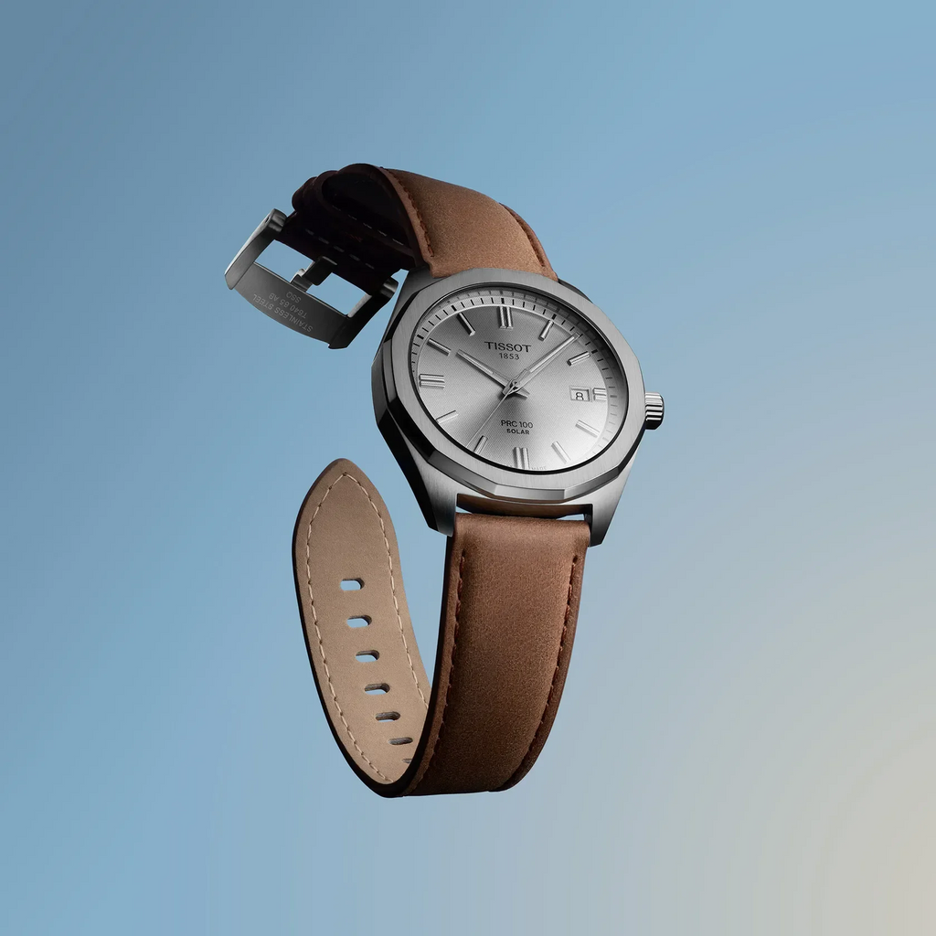 Tissot PRC 100 Solar Quartz Silver Dial Brown Leather Strap Watch for Men - T151.422.16.031.00