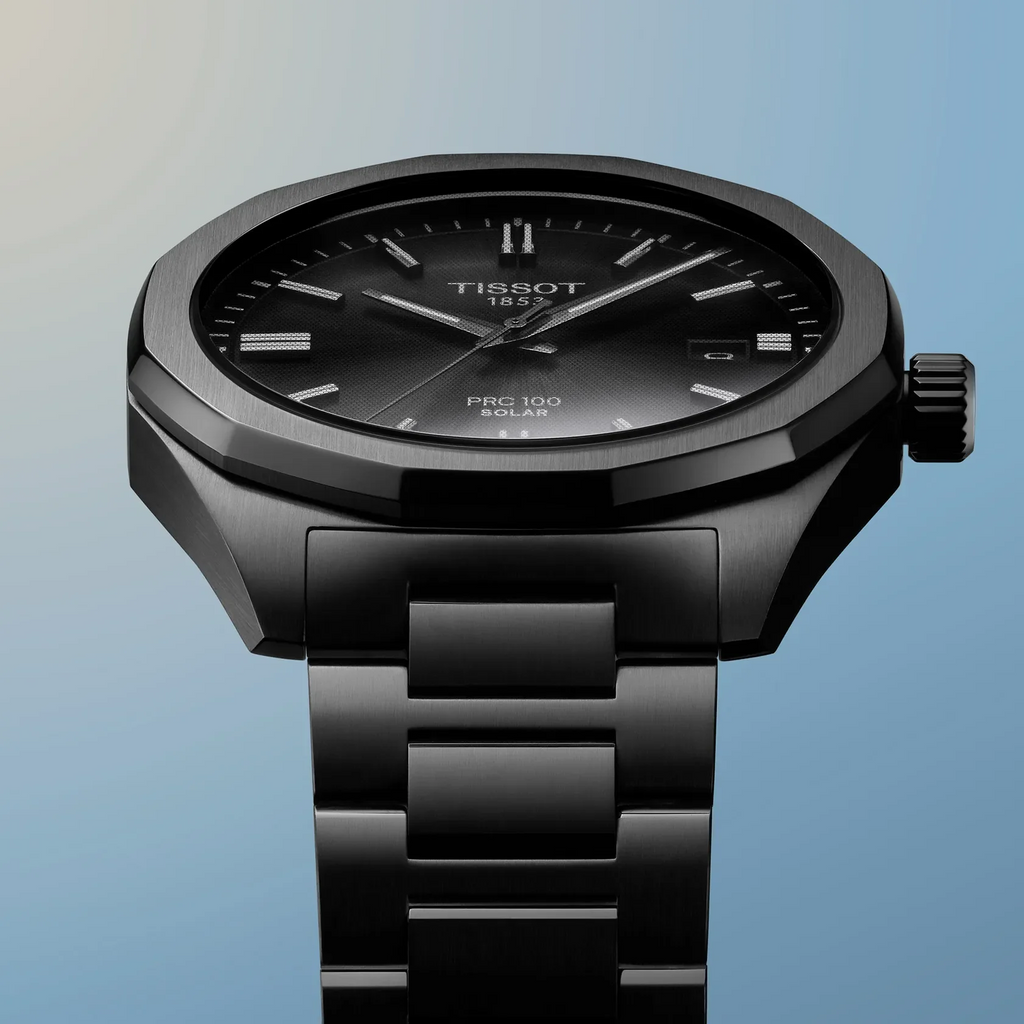 Tissot PRC 100 Solar Quartz Black Dial Black Steel Strap Watch for Men - T151.422.33.051.00