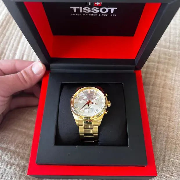 Tissot PR 100 Chronograph White Dial Gold Steel Strap Watch for Men - T150.417.33.031.00