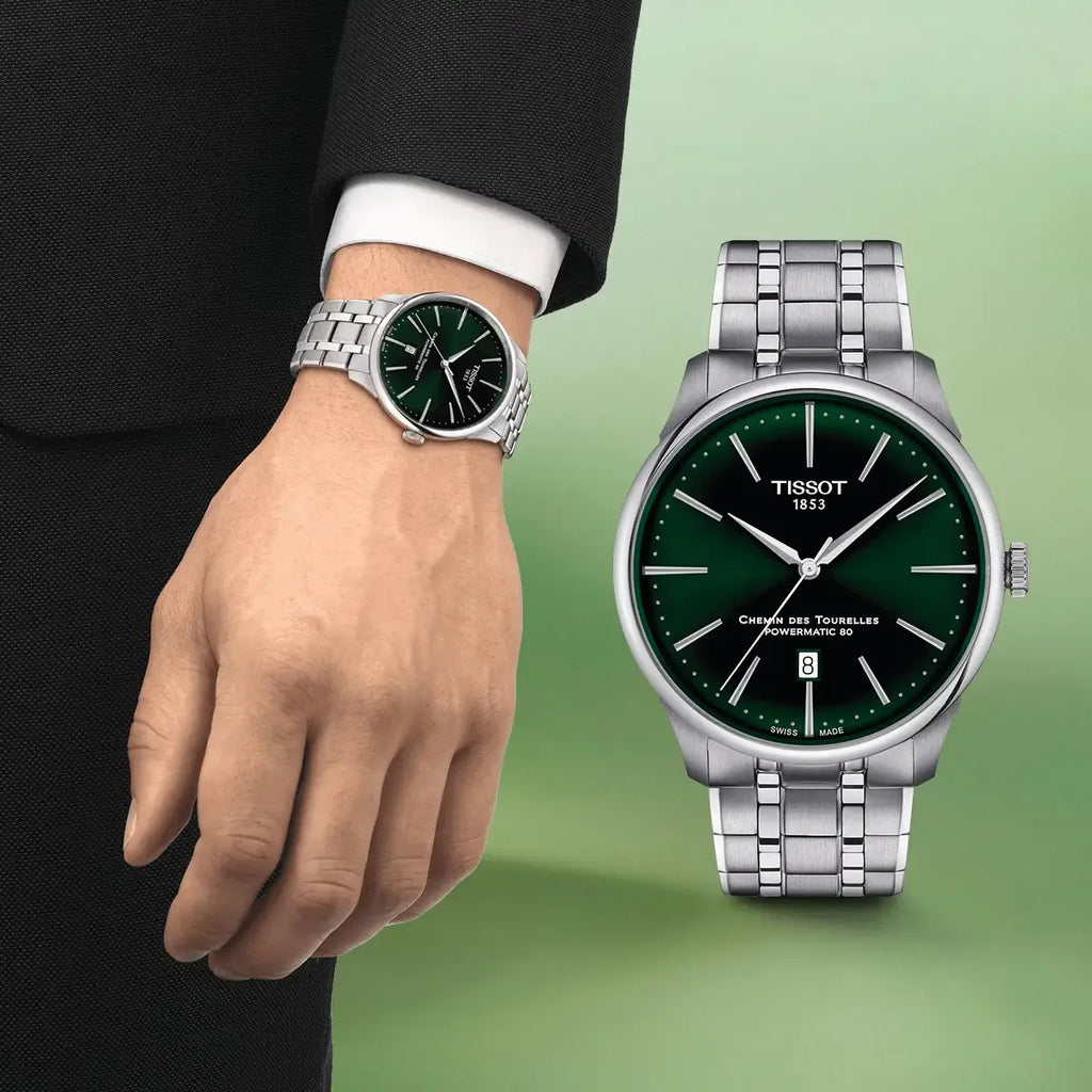 Tissot Chemin des Tourelles Powermatic 80 Green Dial Silver Steel Strap Watch for Men - T139.407.11.091.00