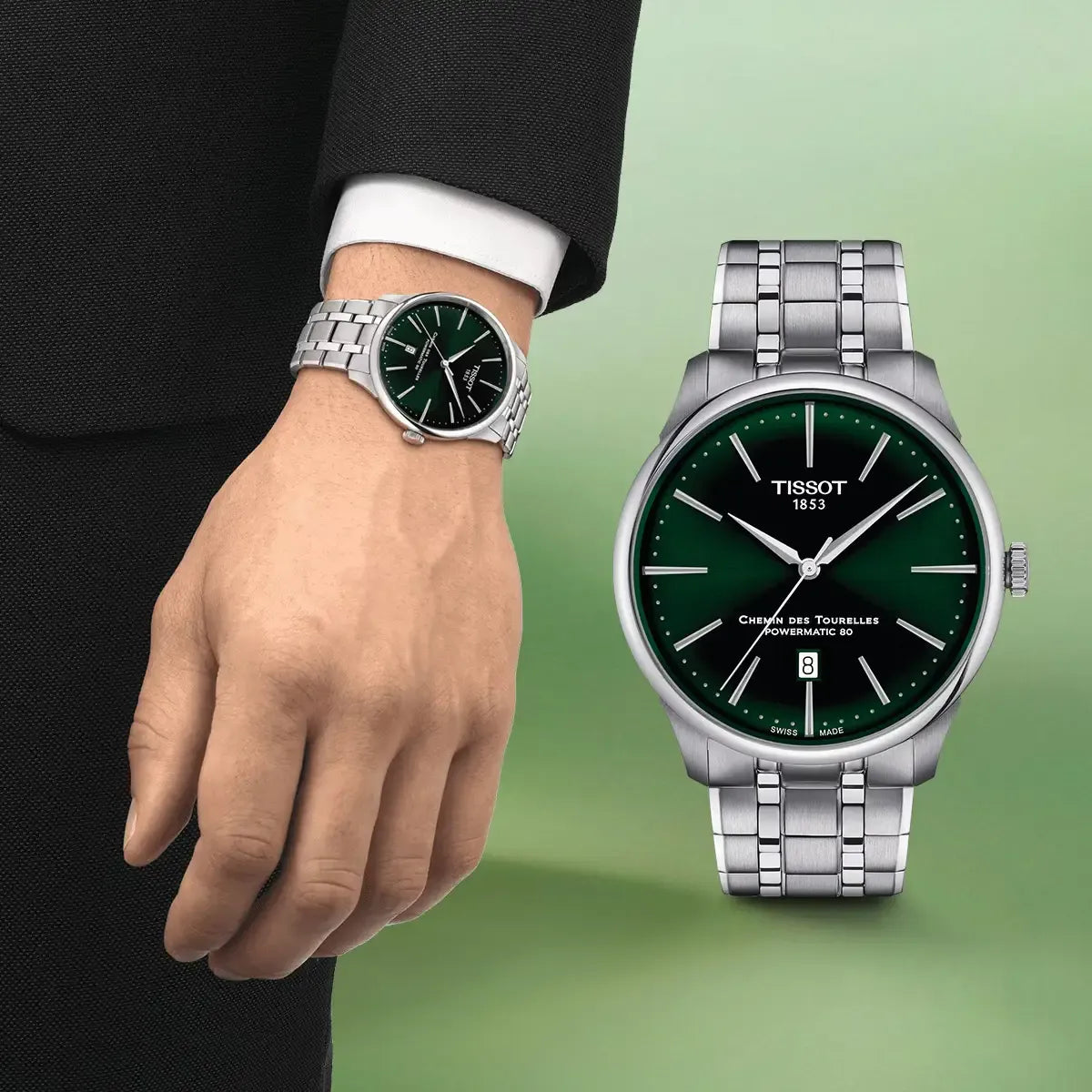 Tissot Chemin des Tourelles Powermatic 80 Green Dial Silver Steel Strap Watch for Men - T139.407.11.091.00