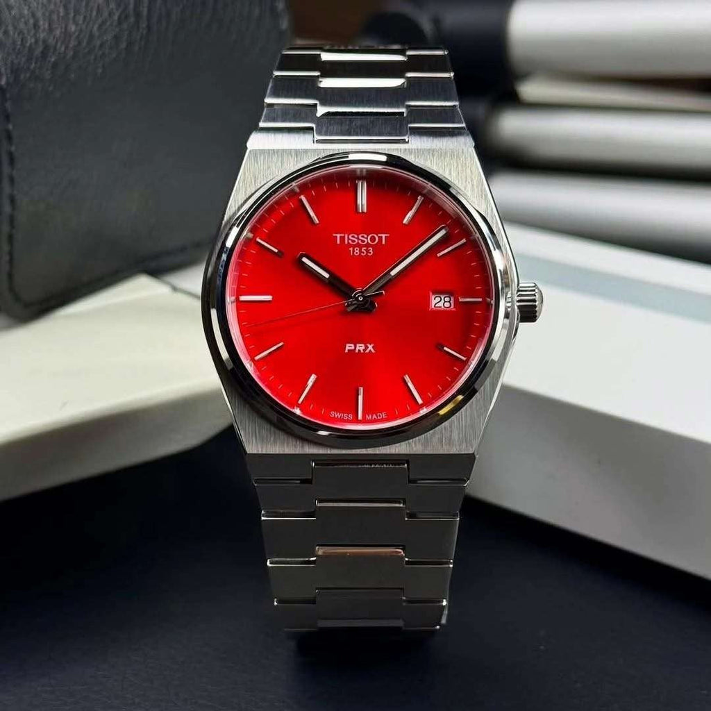 Tissot PRX Quartz Red Dial Silver Steel Strap Watch for Men - T137.410.11.421.00