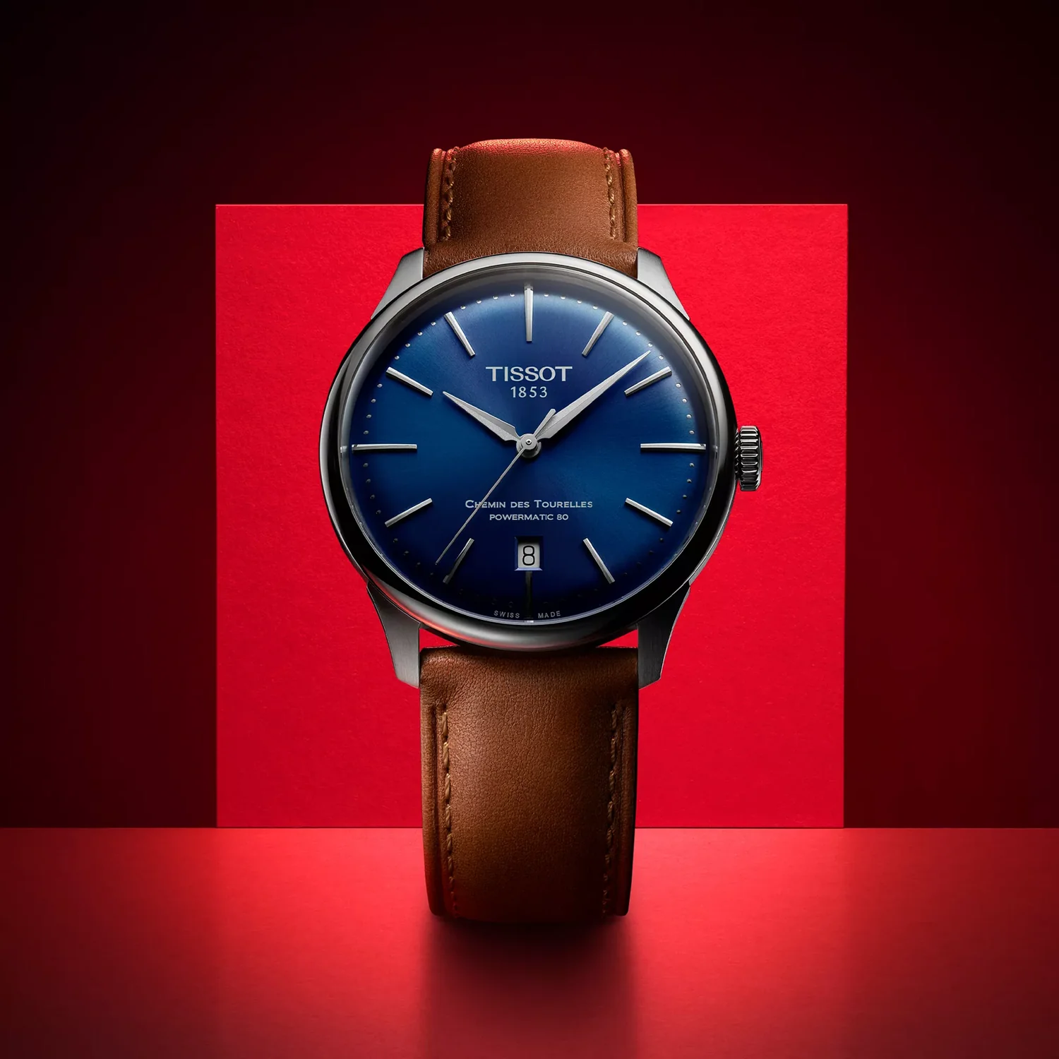 Tissot Chemin des Tourelles Automatic Powermatic 80 Blue Dial Brown Leather Strap Watch for Men - T139.407.16.041.00