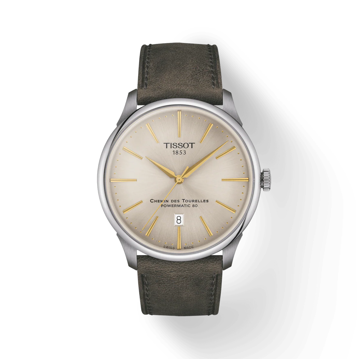 Tissot Chemin des Tourelles Automatic Powermatic 80 Ivory Dial Green Leather Strap Watch for Men - T139.407.16.261.00