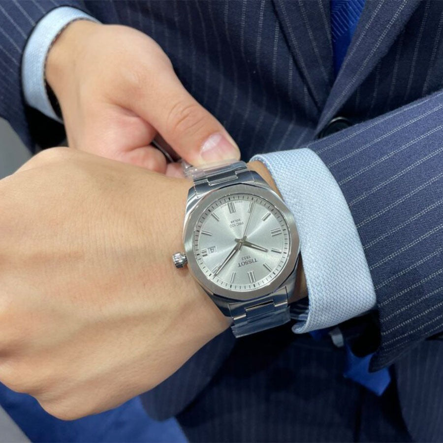 Tissot PRC 100 Solar Quartz Silver Dial Silver Steel Strap Watch for Men - T151.422.11.031.00