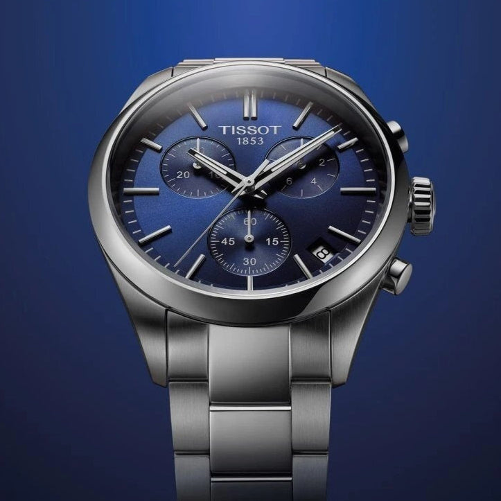 Tissot PR 100 Chronograph Blue Dial Silver Steel Strap Watch for Men - T150.417.11.041.00
