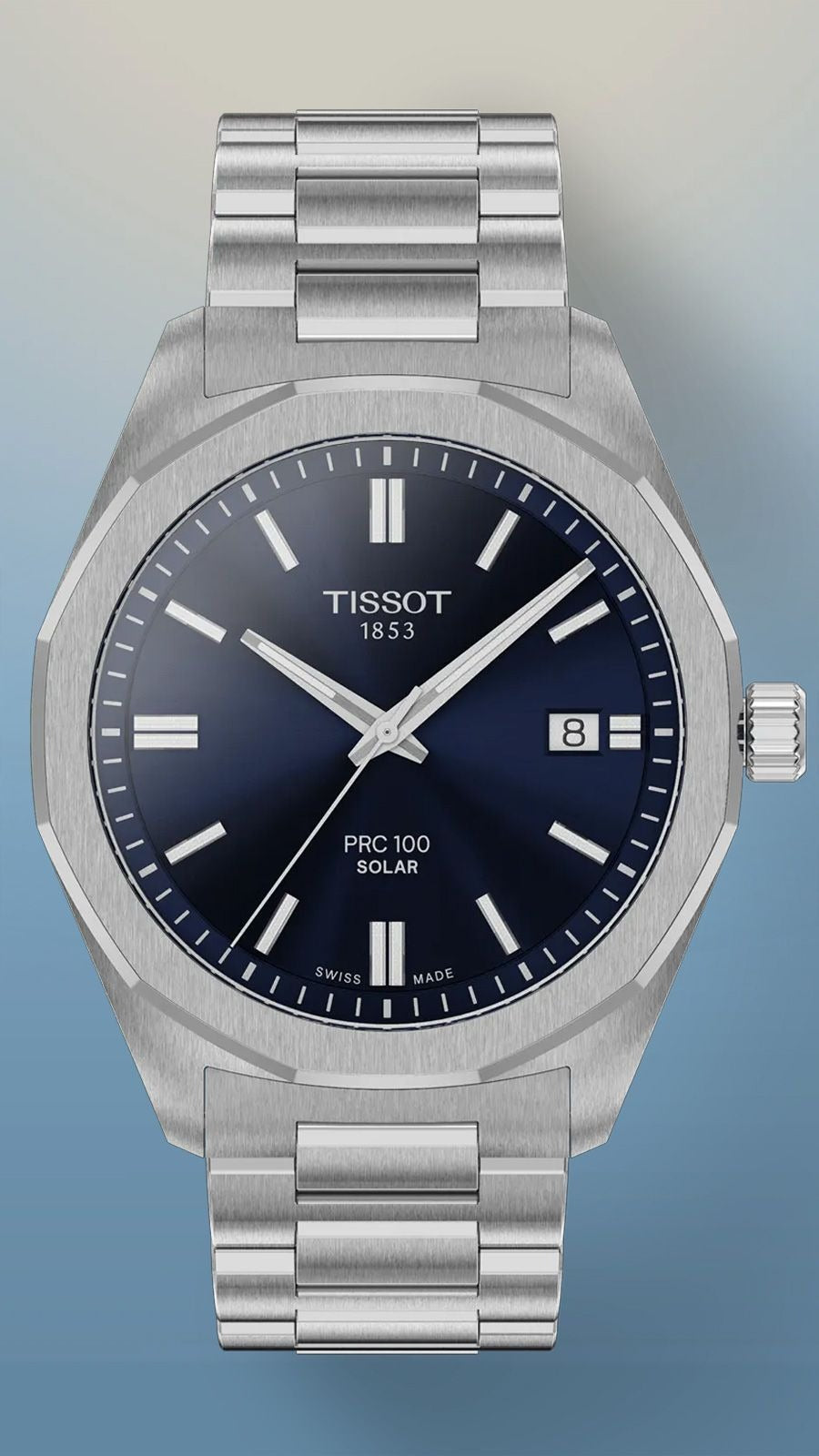 Tissot PRC 100 Solar Quartz Blue Dial Silver Steel Strap Watch for Men - T151.422.11.041.00