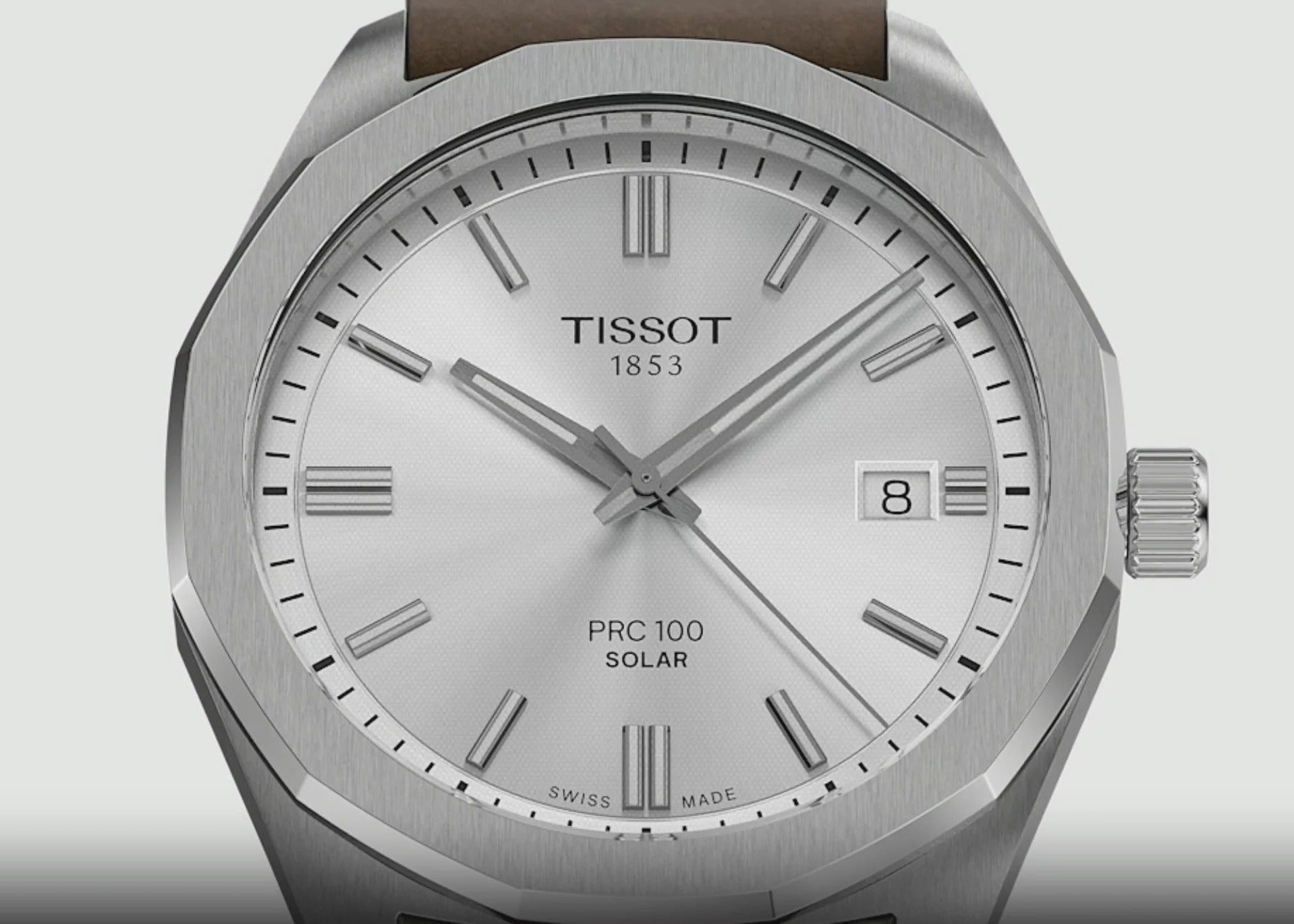 Tissot PRC 100 Solar Quartz Silver Dial Brown Leather Strap Watch for Men - T151.422.16.031.00