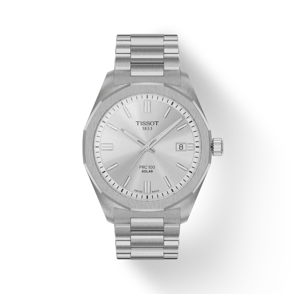 Tissot PRC 100 Solar Quartz Silver Dial Silver Steel Strap Watch for Men - T151.422.11.031.00
