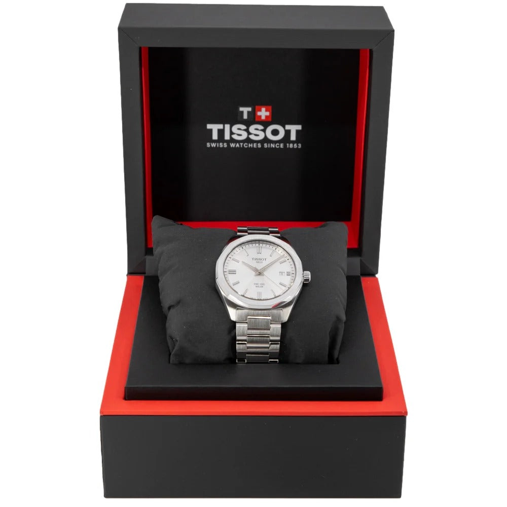 Tissot PRC 100 Solar Quartz Silver Dial Silver Steel Strap Watch for Men - T151.422.11.031.00