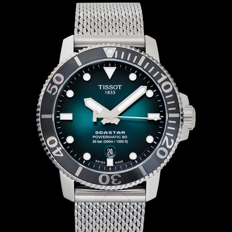 Tissot Seastar 1000 Powermatic 80 Automatic Green Dial Silver Mesh Strap Watch for Men - T120.407.11.091.00