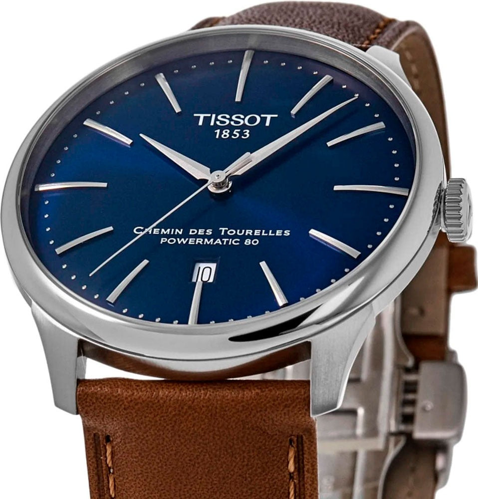 Tissot Chemin des Tourelles Automatic Powermatic 80 Blue Dial Brown Leather Strap Watch for Men - T139.407.16.041.00