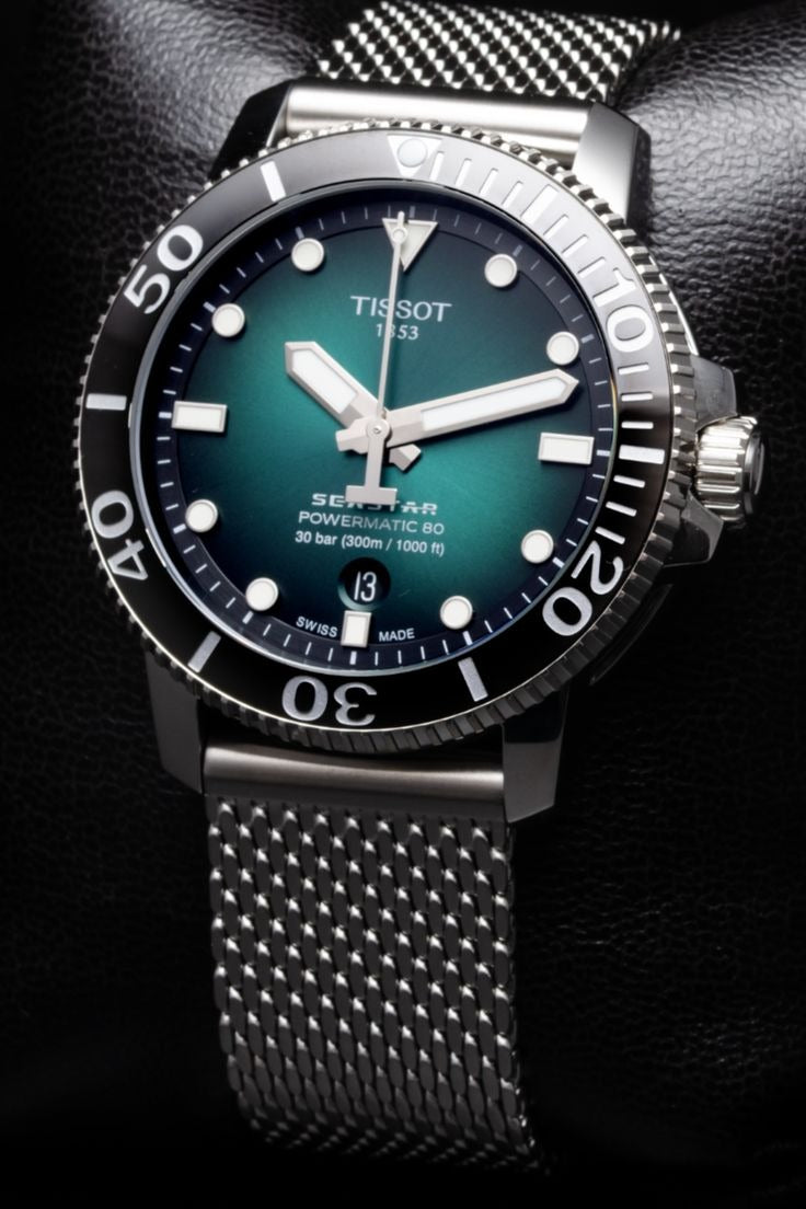 Tissot Seastar 1000 Powermatic 80 Automatic Green Dial Silver Mesh Strap Watch for Men - T120.407.11.091.00