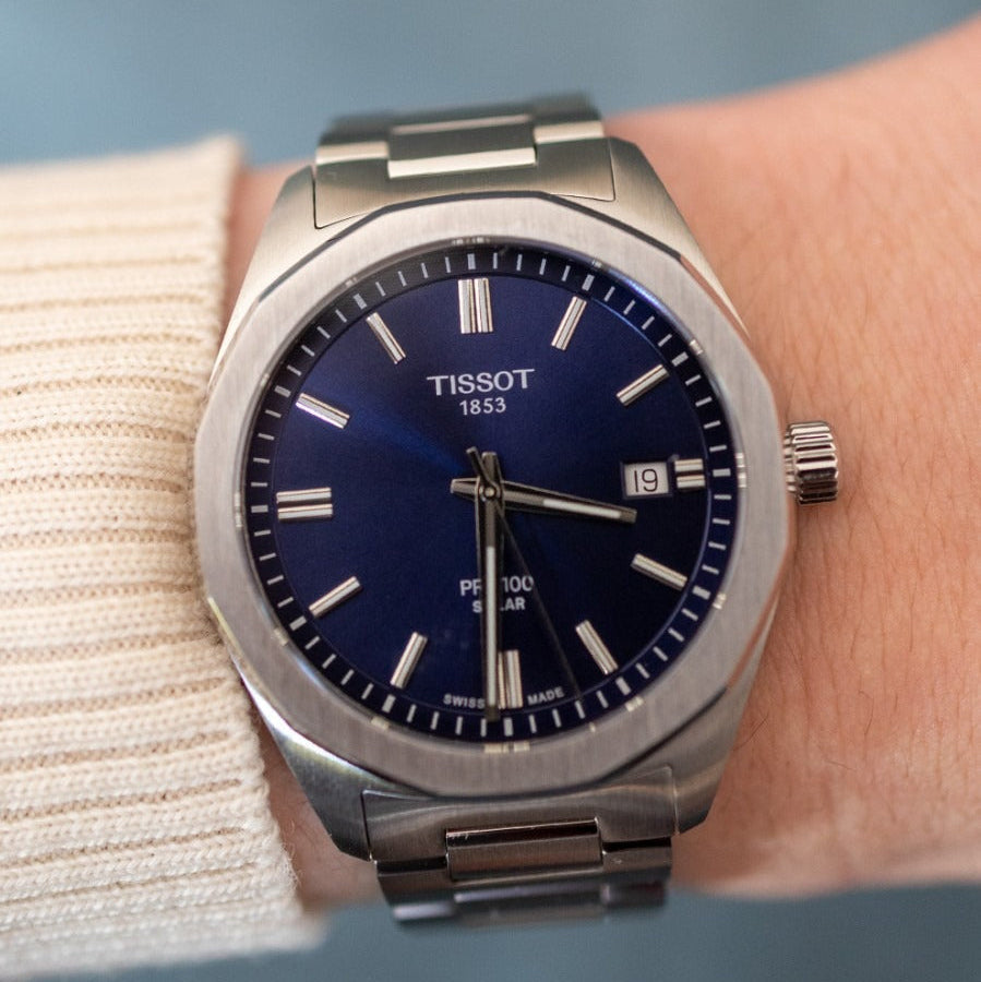 Tissot PRC 100 Solar Quartz Blue Dial Silver Steel Strap Watch for Men - T151.422.11.041.00