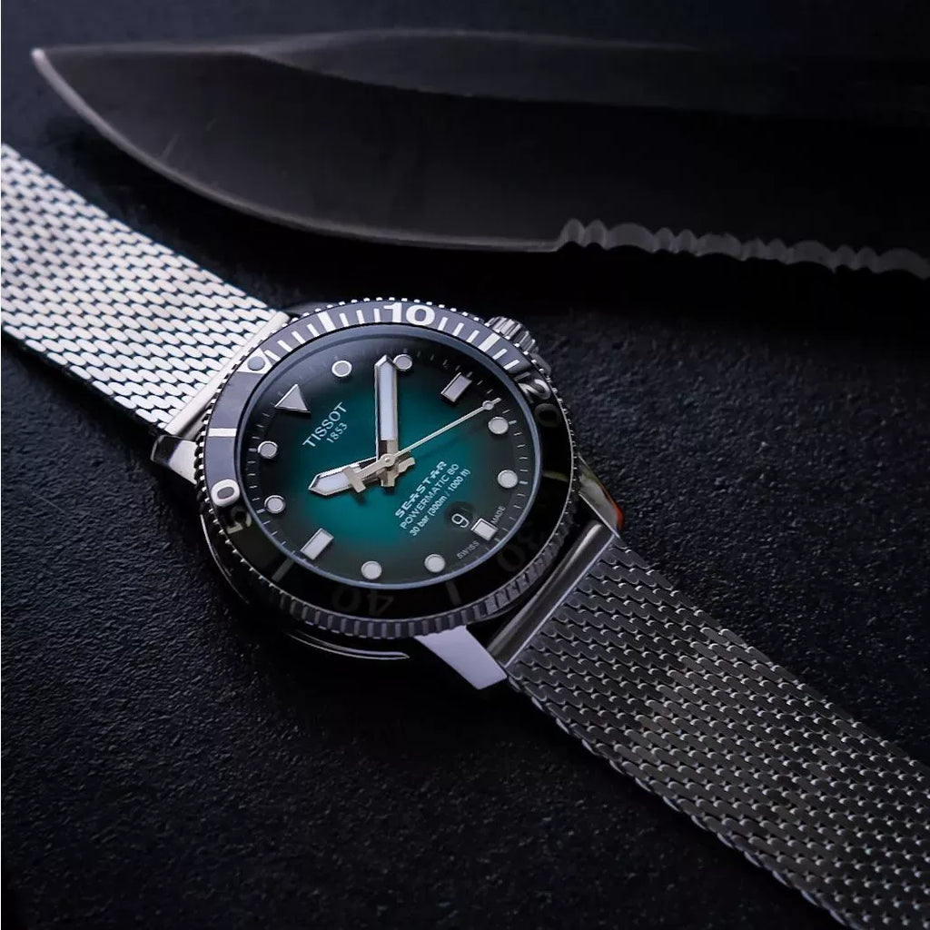 Tissot Seastar 1000 Powermatic 80 Automatic Green Dial Silver Mesh Strap Watch for Men - T120.407.11.091.00