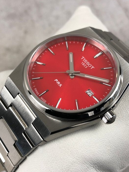 Tissot PRX Quartz Red Dial Silver Steel Strap Watch for Men - T137.410.11.421.00