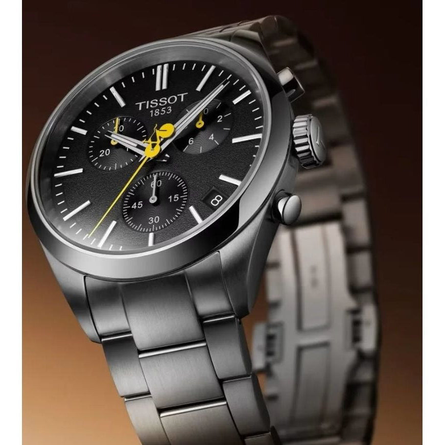 Tissot PR 100 Tour De France Chronograph Black Dial Silver Steel Strap Watch for Men - T150.417.11.051.00