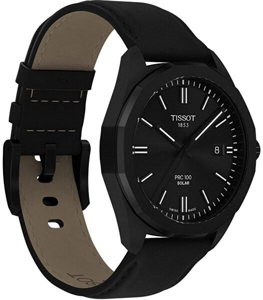 Tissot PRC 100 Solar Quartz Black Dial Black Leather Strap Watch for Men - T151.422.36.051.00
