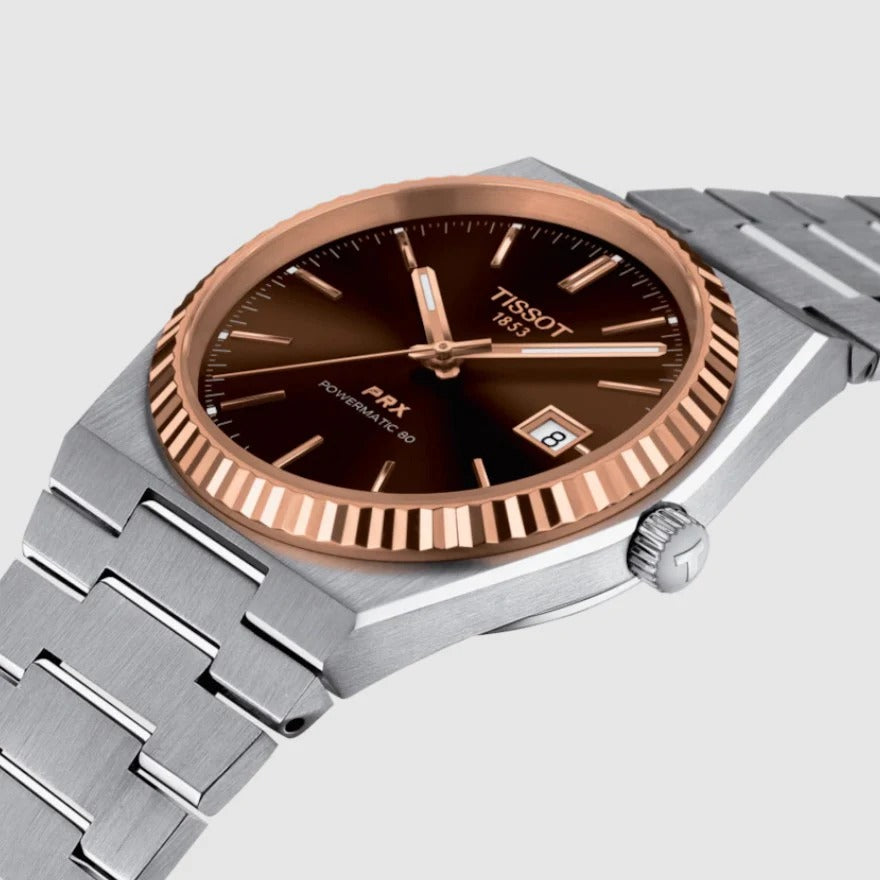 Tissot PRX Powermatic 80 18K Gold Brown Dial Silver Steel Strap Watch for Men - T931.407.41.291.00
