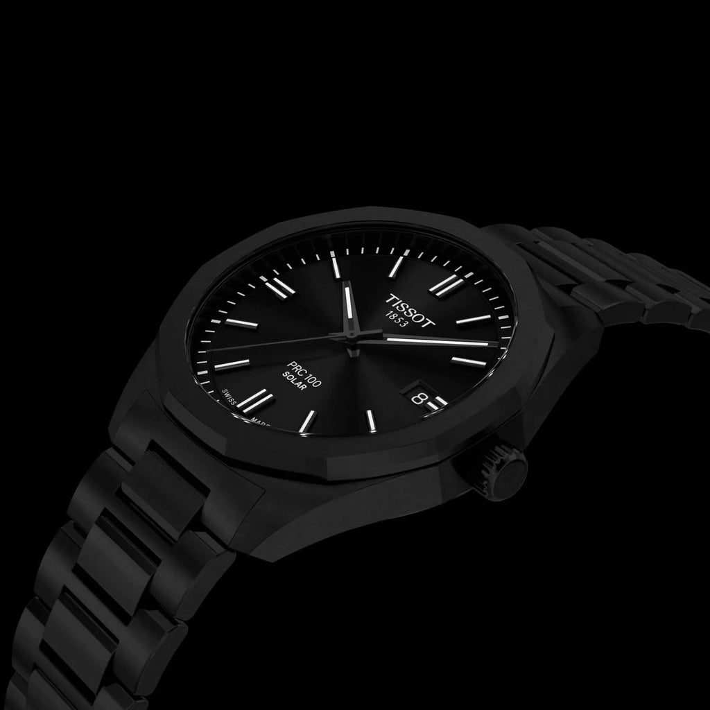 Tissot PRC 100 Solar Quartz Black Dial Black Steel Strap Watch for Men - T151.422.33.051.00