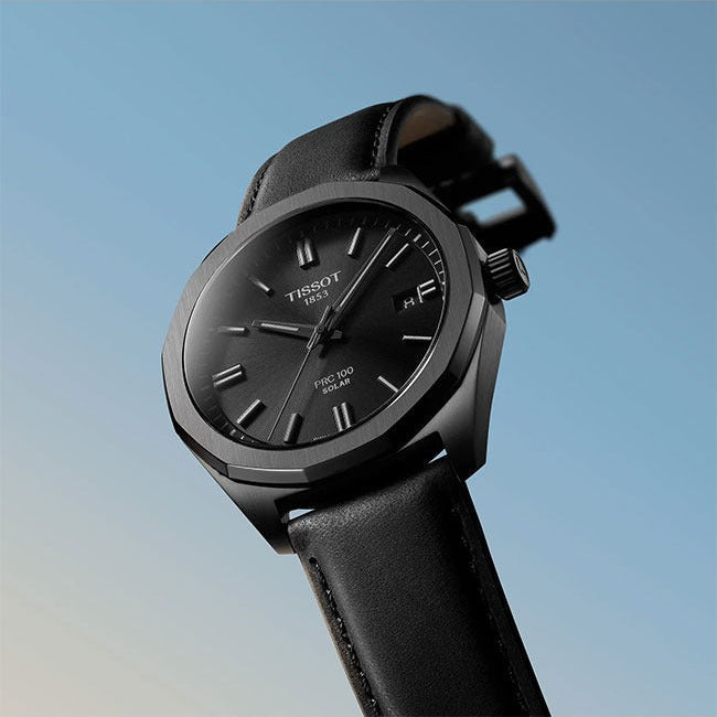 Tissot PRC 100 Solar Quartz Black Dial Black Leather Strap Watch for Men - T151.422.36.051.00