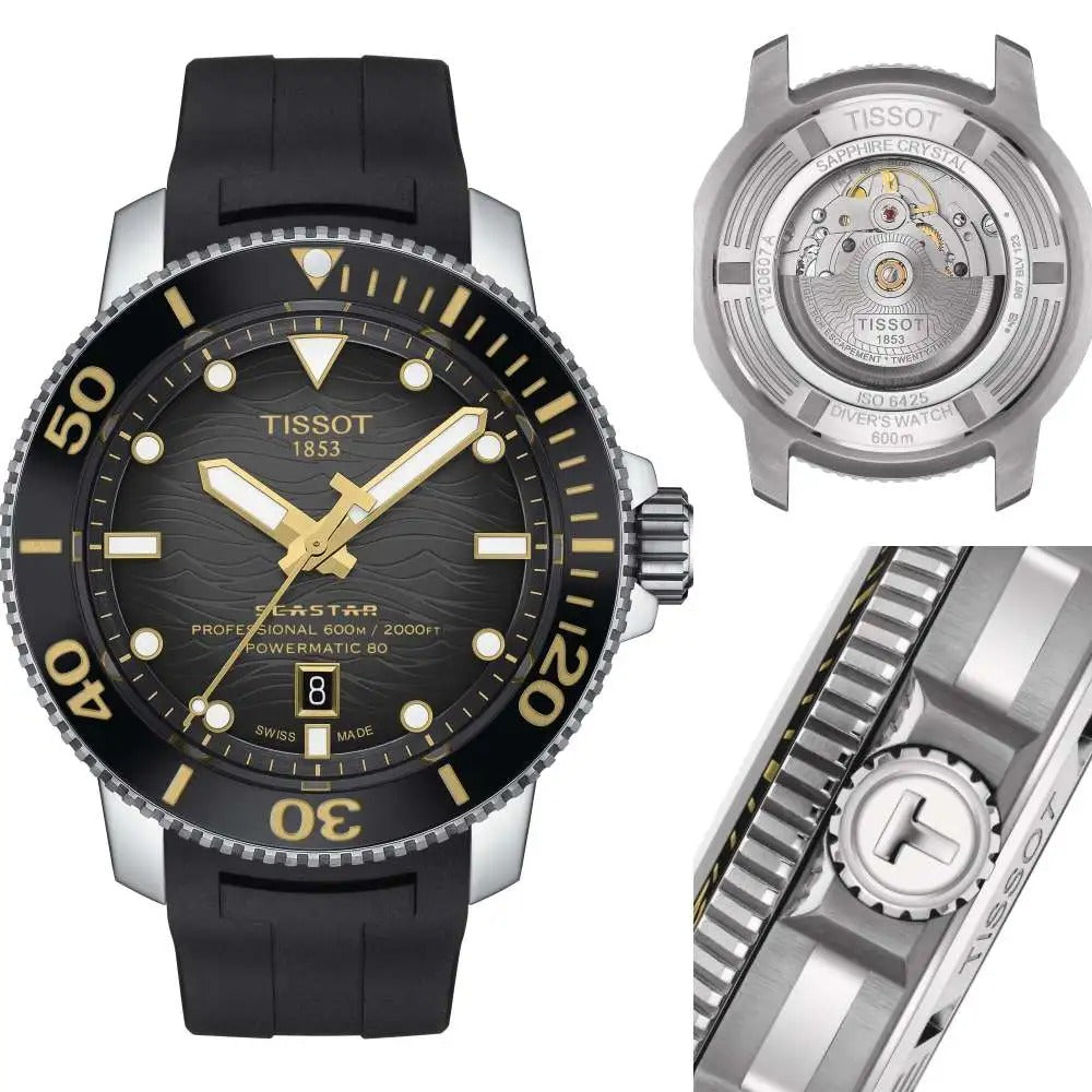 Tissot Seastar 2000 Professional Powermatic 80 Black Dial Black Rubber Strap Watch for Men - T120.607.17.441.01