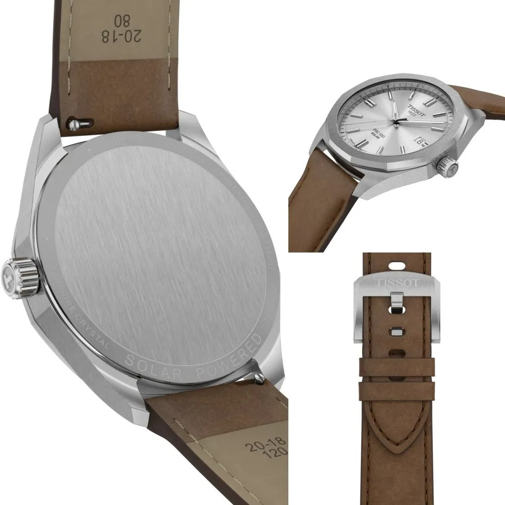 Tissot PRC 100 Solar Quartz Silver Dial Brown Leather Strap Watch for Men - T151.422.16.031.00