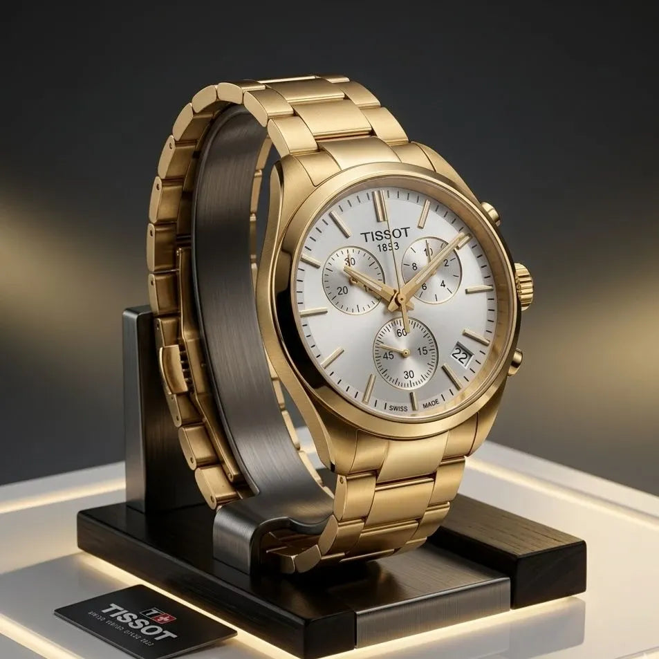 Tissot PR 100 Chronograph White Dial Gold Steel Strap Watch for Men - T150.417.33.031.00
