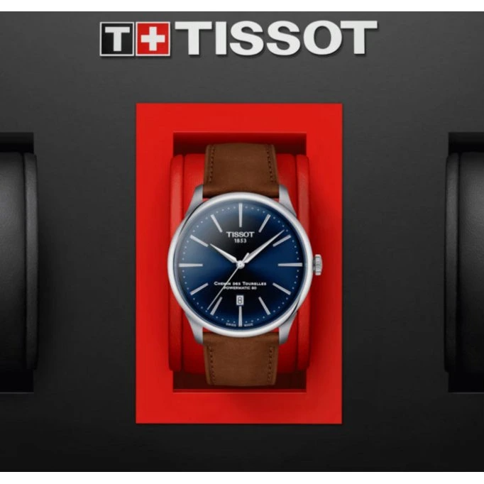 Tissot Chemin des Tourelles Automatic Powermatic 80 Blue Dial Brown Leather Strap Watch for Men - T139.407.16.041.00