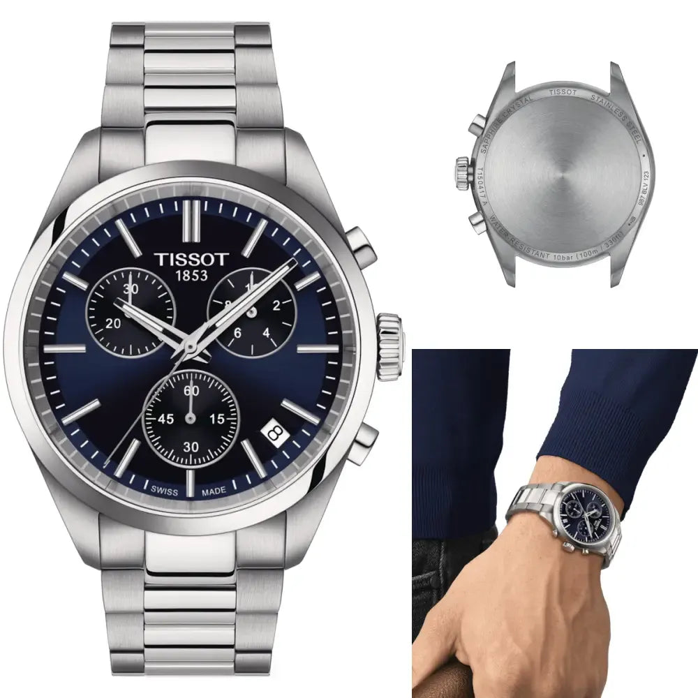 Tissot PR 100 Chronograph Blue Dial Silver Steel Strap Watch for Men - T150.417.11.041.00