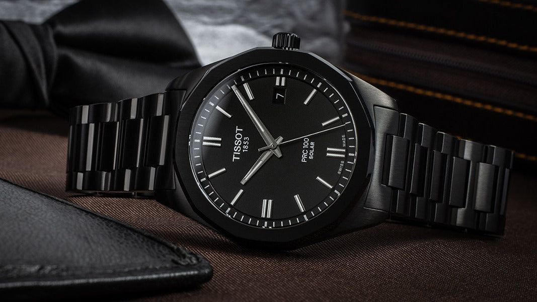 Tissot PRC 100 Solar Quartz Black Dial Black Steel Strap Watch for Men - T151.422.33.051.00