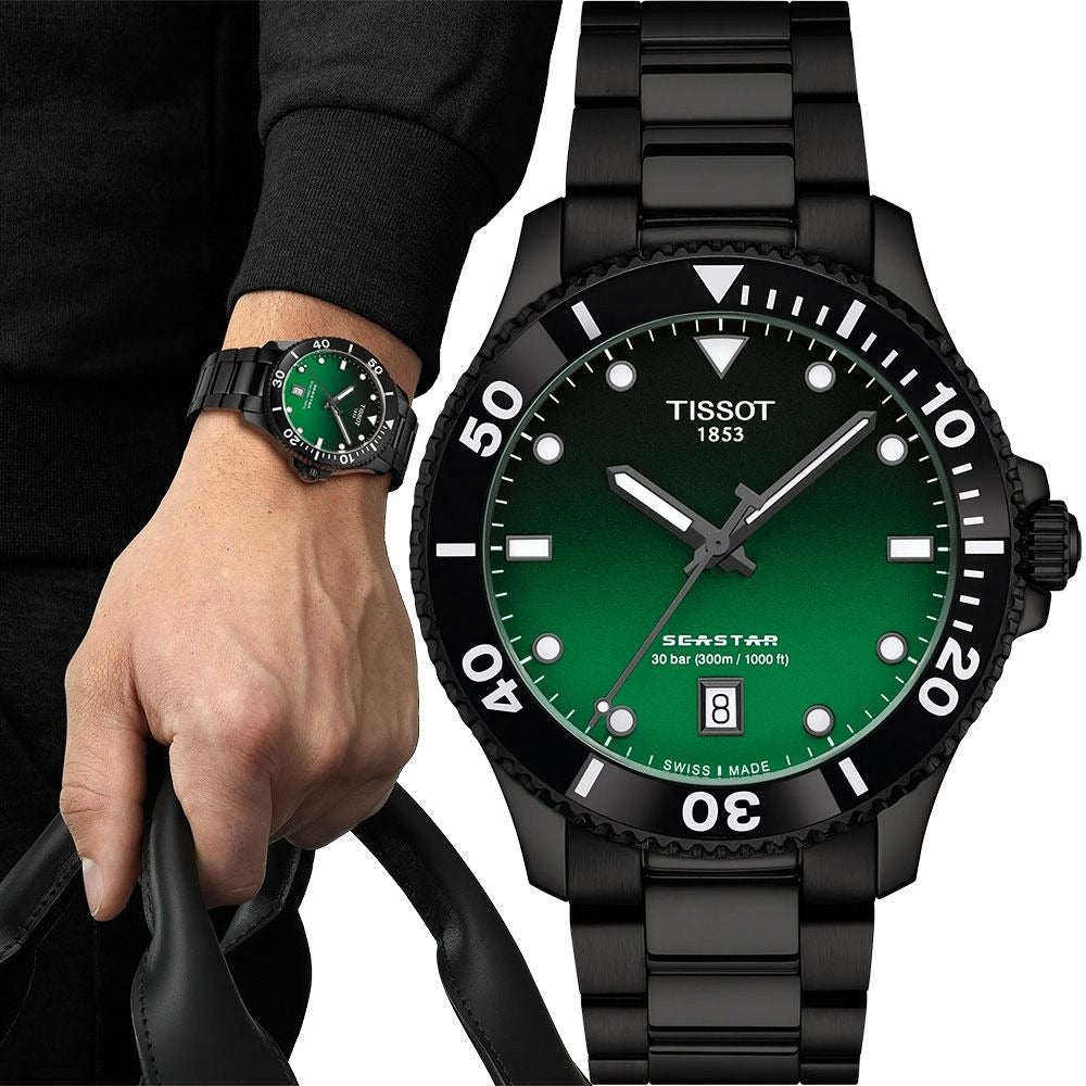 Tissot Tissot Seastar 1000 Quartz Green Dial Black Steel Strap Watch for Men - T120.410.33.091.00