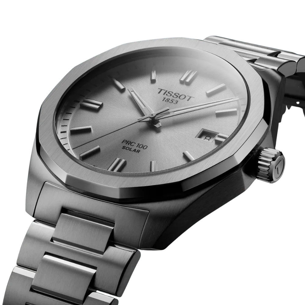 Tissot PRC 100 Solar Quartz Silver Dial Silver Steel Strap Watch for Men - T151.422.11.031.00