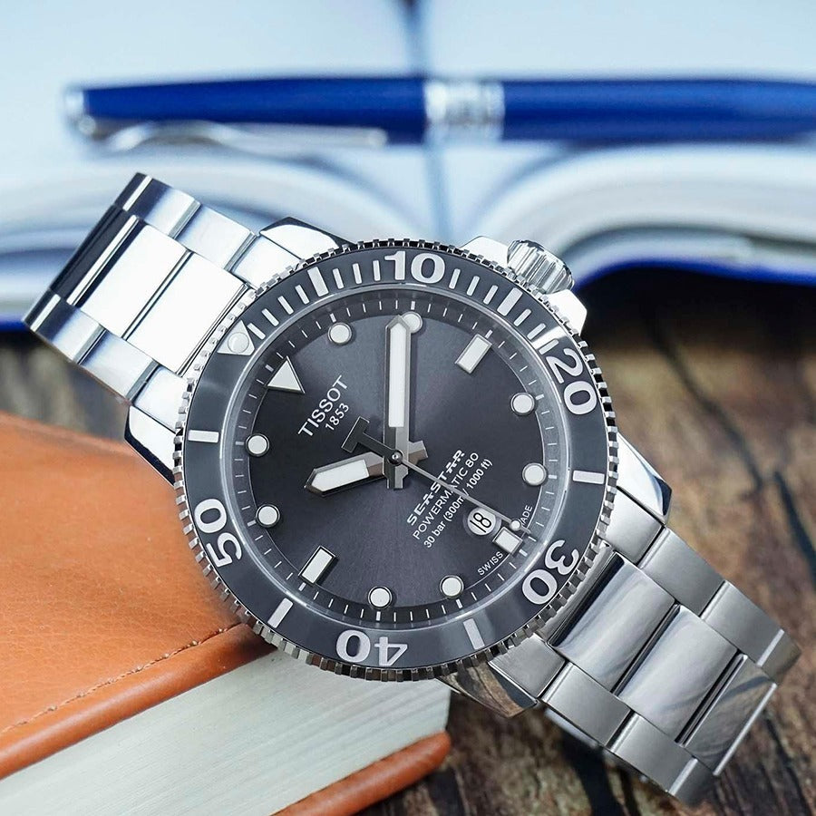 Tissot Seastar 1000 Powermatic 80 Grey Dial Silver Steel Strap Watch for Men - T120.407.11.081.01