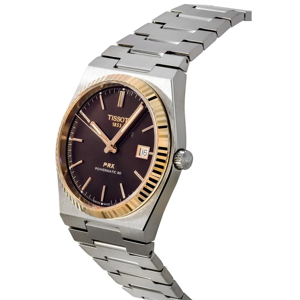 Tissot PRX Powermatic 80 18K Gold Brown Dial Silver Steel Strap Watch for Men - T931.407.41.291.00