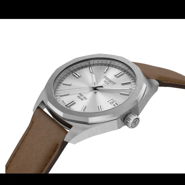 Tissot PRC 100 Solar Quartz Silver Dial Brown Leather Strap Watch for Men - T151.422.16.031.00