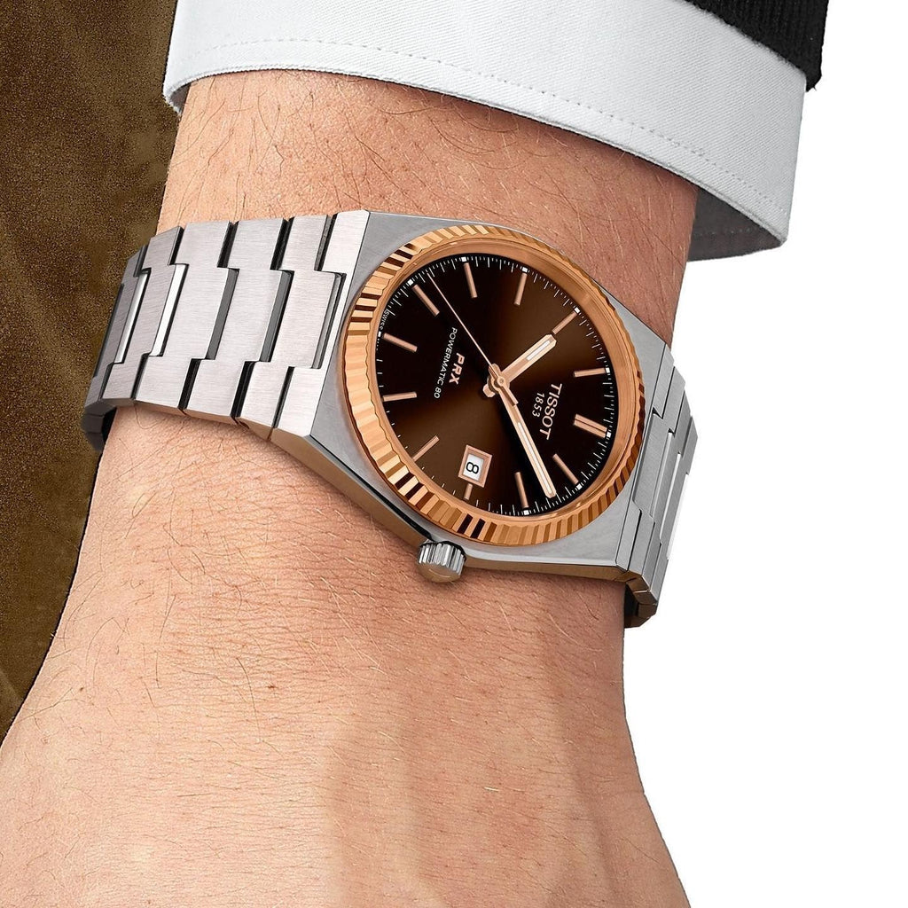 Tissot PRX Powermatic 80 18K Gold Brown Dial Silver Steel Strap Watch for Men - T931.407.41.291.00