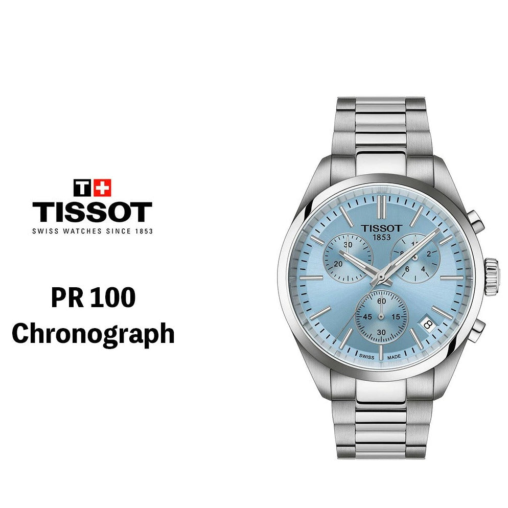 Tissot PR 100 Chronograph Light Blue Dial Silver Steel Strap Watch for Men - T150.417.11.351.00
