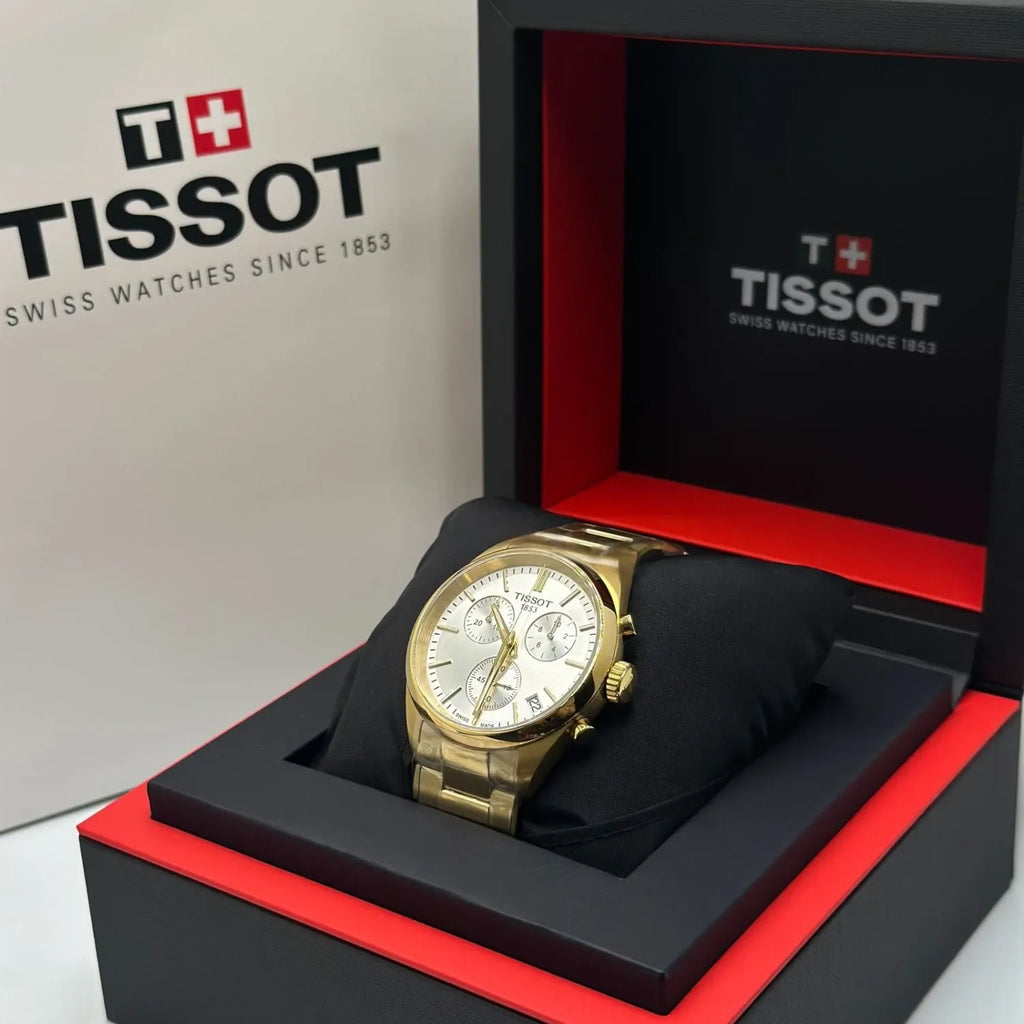 Tissot PR 100 Chronograph White Dial Gold Steel Strap Watch for Men - T150.417.33.031.00