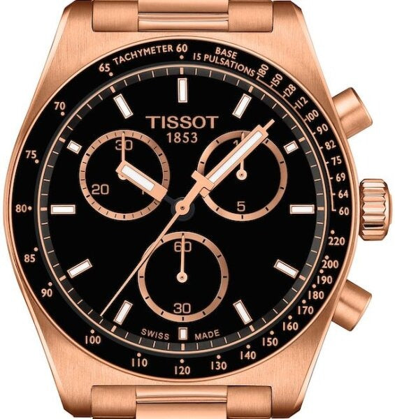 Tissot PRS 516 Chronograph Black Dial Rose Gold Steel Strap Watch for Men - T149.417.33.051.00
