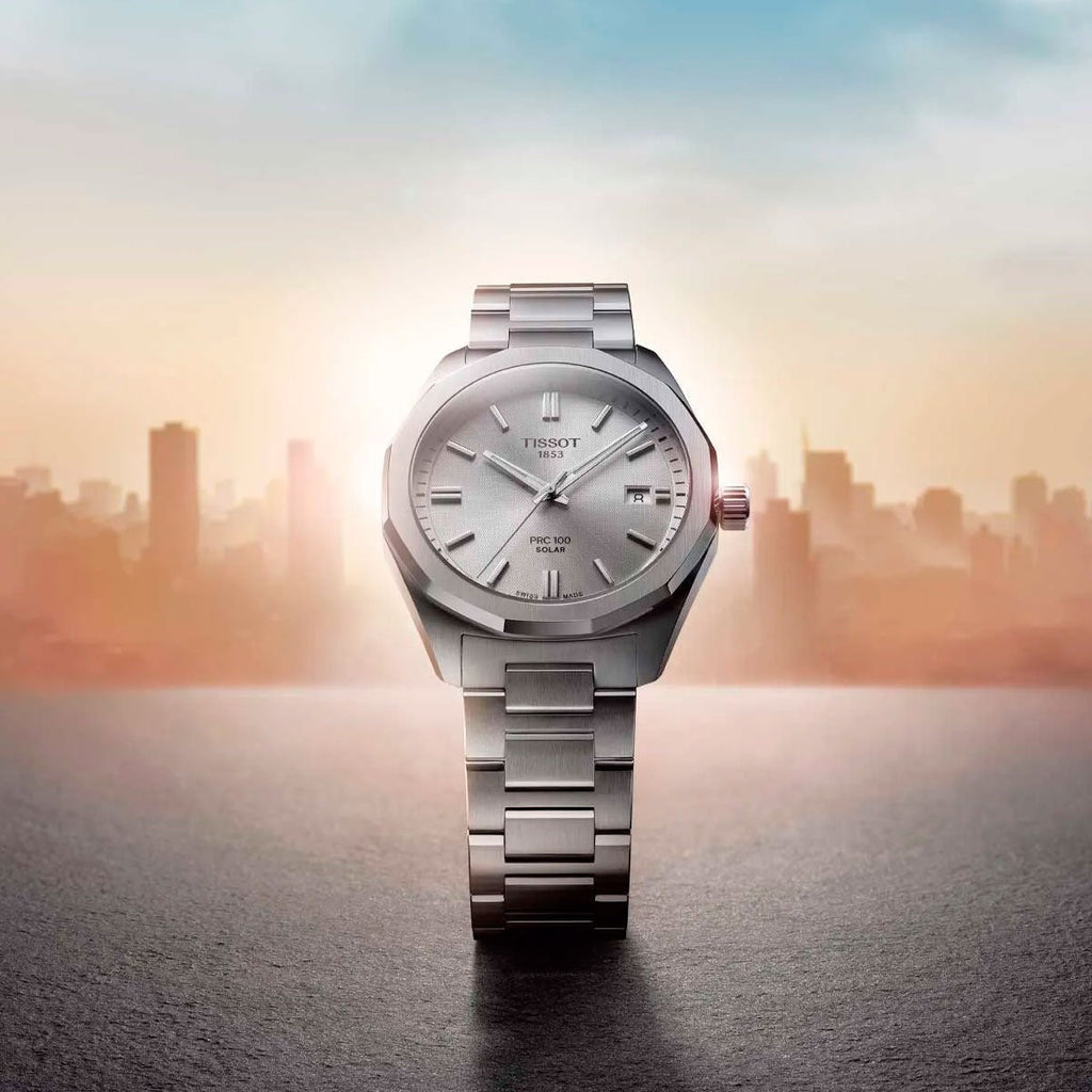 Tissot PRC 100 Solar Quartz Silver Dial Silver Steel Strap Watch for Men - T151.422.11.031.00