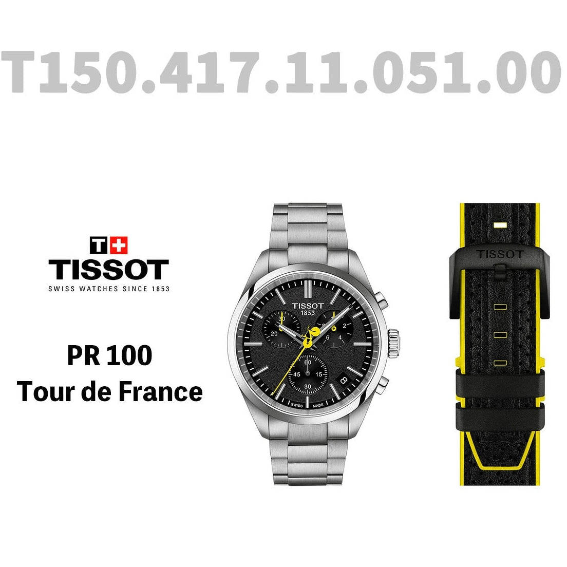 Tissot PR 100 Tour De France Chronograph Black Dial Silver Steel Strap Watch for Men - T150.417.11.051.00