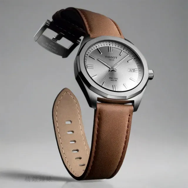 Tissot PRC 100 Solar Quartz Silver Dial Brown Leather Strap Watch for Men - T151.422.16.031.00